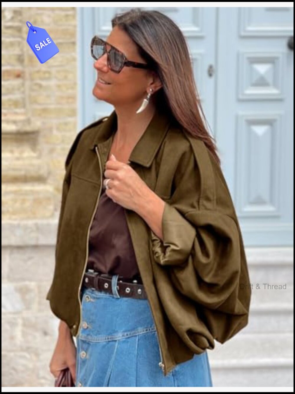 Faux Suede Bomber Jacket Oversized Batwing Long Sleeve Cropped Coat Streetwear - Picture 3 of 7